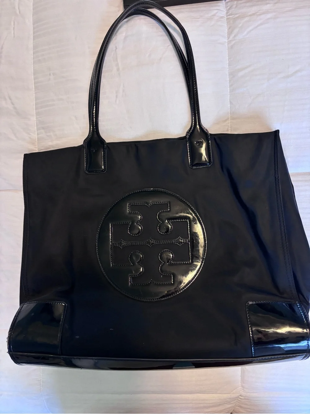 Tory Burch Black Nylon Tote with Patent Trim Large